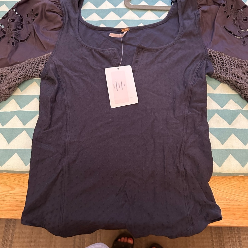 Free People Embellished Navy Puff Sleeve Top - Picture 2 of 5